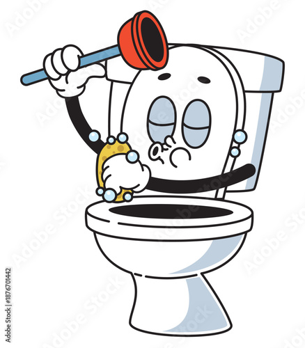 Cartoon Toilet Cleaning Bowl with Plunger and Sponge