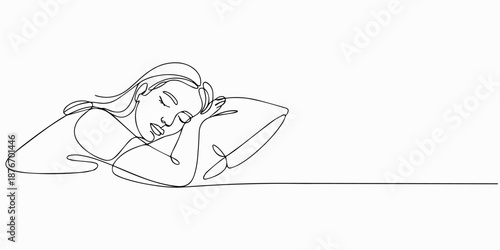 Woman sleeping on pillow bed, Woman sleeping on pillow bed continuous one line drawing. Sleeping woman in single line art illustration. Editable vector, Continuous single line sketch drawing of woman