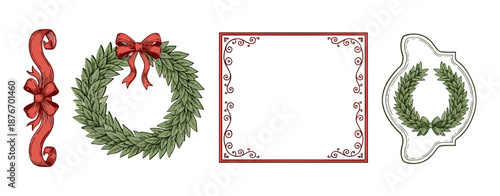 decorative frames with fir tree branches, bow and ribbon, mistletoe and lights in vintage doodle style for poster, placards and invitation cards. holiday frame vector set.