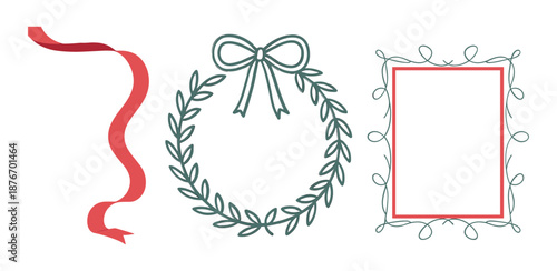 decorative frames with fir tree branches, bow and ribbon, mistletoe and lights in vintage doodle style for poster, placards and invitation cards. holiday frame vector set.