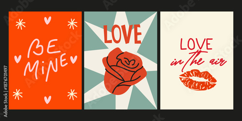 Modern posters for St. Valentine's Day in cartoon retro style. Romantic backgrounds, greeting cards, prints, wall art, modern text and love concepts