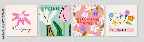 Hello Spring greeting cards design with botanical elements, wildflowers, elegant typography. Floral background set with abstract groovy flowers. Blooming season concept