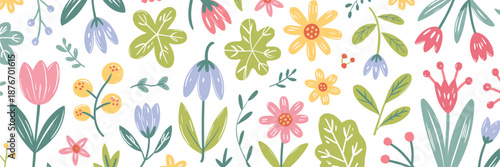 Flower crayon watercolor spring floral set. Hand drawn pastel crayon flower, leaf, plant with chalk texture. Cute nature background for kid, child, garden doodle element design. Vector illustration