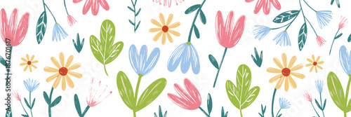 Flower crayon watercolor spring floral set. Hand drawn pastel crayon flower, leaf, plant with chalk texture. Cute nature background for kid, child, garden doodle element design. Vector illustration