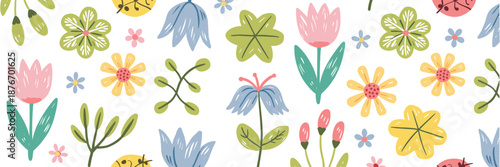 Flower crayon watercolor spring floral set. Hand drawn pastel crayon flower, leaf, plant with chalk texture. Cute nature background for kid, child, garden doodle element design. Vector illustration