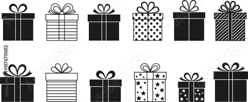 Black and white gift box icons set minimal present silhouettes wrapping design for holiday birthday celebration vector illustration isolated on white background