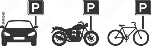 Different vehicles parked under separate parking signs for car motorcycle and bicycle
