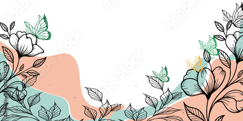 Autumn background in linear style with a pumpkin, an acorn and some leaves. On a pink background