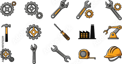 Comprehensive set of repair tools and industrial symbols including wrenches, hammers, gears, and safety gear for workshop manuals and engineering services.