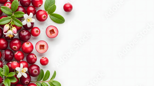 Fresh ripe cranberries with green leaves and small white flowers on white background
