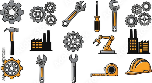 Icons illustrating the manufacturing process, featuring robotic automation, industrial buildings, precision tools, and mechanical components for modern industry.