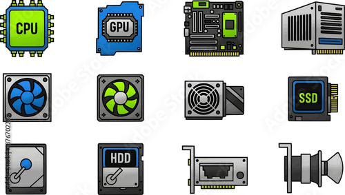 Detailed icons of computer hardware including CPU, GPU, motherboard, cooling fans, SSD, and power supply. Perfect for tech blogs, PC building guides, and hardware retail stores.