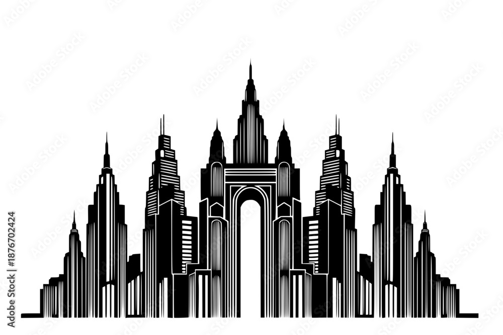 Obraz premium Neo Deco modern city skyline silhouette with geometric architecture. Art Deco style urban landscape vector for real estate and luxury branding.
