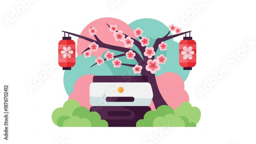 Whisk with cherry blossoms and lanterns on pink background