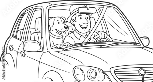 Happy man and dog sitting in the car with big smile on their face, enjoying the ride together