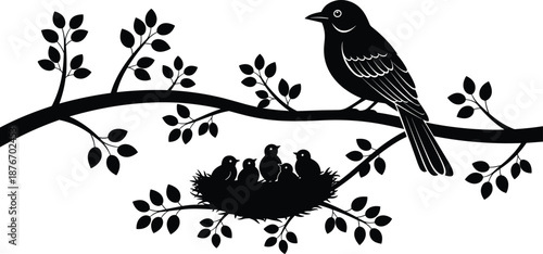 Bird family silhouette on tree branch with nest and chicks, black vector illustration for nature, wildlife, motherhood, spring, and family concept design