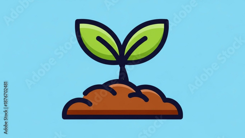 Green seedling grows in brown soil with blue background