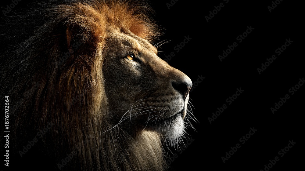 Naklejka premium Majestic Male Lion Side Profile with Dramatic and Cinematic Lighting
