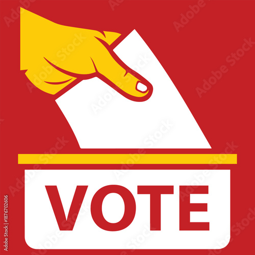 Vote label. Hand putting a voting ballot in a slot of box Victor Art