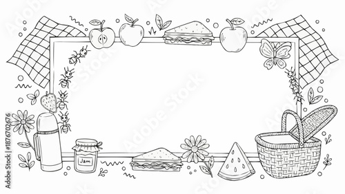 Hand Drawn Picnic Frame with Food and Basket.