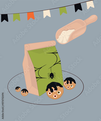 Illustration with a Bag of Flour and Black Cookies Taste and Pattern