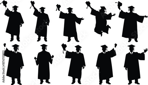 Graduation silhouettes of joyful students tossing caps and celebrating success, black cutout figures in academic gowns for education, achievement, ceremony, and milestone concepts
