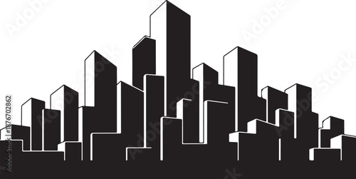 Black and white cityscape with modern skyscrapers silhouette graphic