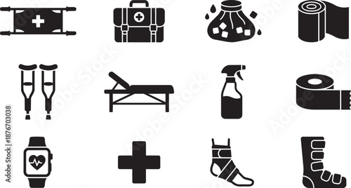 First aid icons set including stretcher medical kit crutches and more on white background for healthcare and emergency concepts