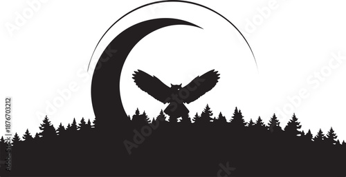 Silhouette of eagle flying over forest under crescent moon