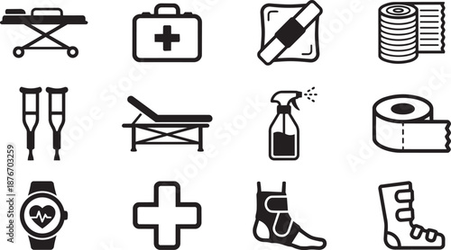 Black and white medical icons set including first aid kit crutches and toilet paper on white background