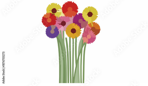 Colorful gerbera daisy flowers bouquet vector illustration with long stems isolated on white background