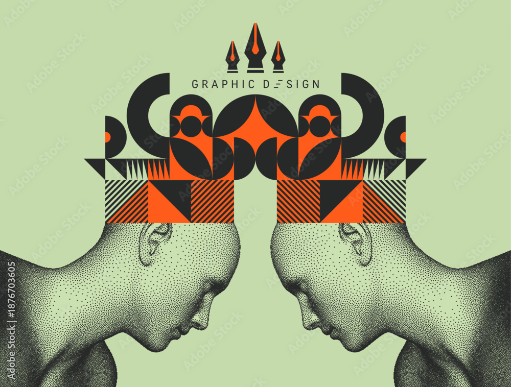 Naklejka premium Collective creativity of fellow designers. Time to think. Discovery, studying and learning concept. Geometrical art. Stipple effect. Vector for presentation, cover, placard, banner, poster, brochure.