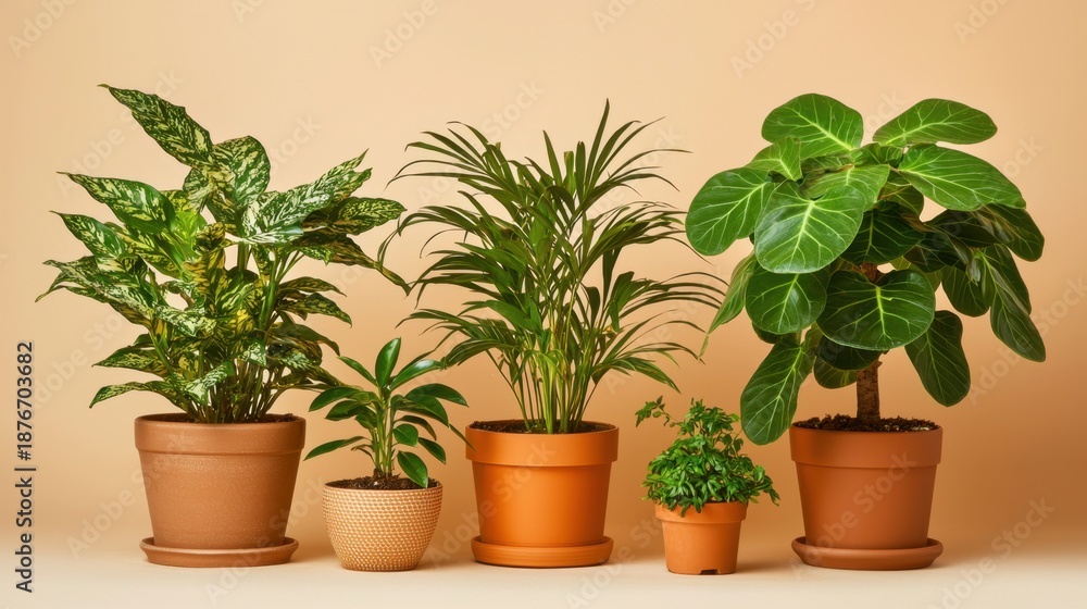Fototapeta premium Assorted Indoor Plants in Terracotta Pots against Soft Background