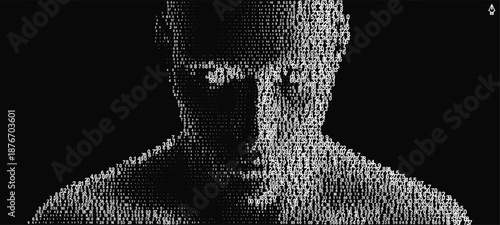 A face emerging through a cascading digital code matrix. Concept of digitalization and artificial intelligence. 3D vector illustration for a brochure, poster, presentation, flyer, or banner.