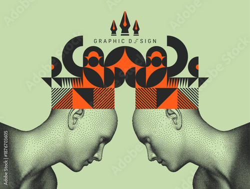 Collective creativity of fellow designers. Time to think. Discovery, studying and learning concept. Geometrical art. Stipple effect. Vector for presentation, cover, placard, banner, poster, brochure.