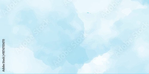 Abstract blue watercolor background featuring soft white fluffy clouds in a bright summer sky with natural sunlight and a beautiful clear atmosphere