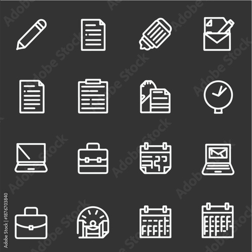 Simple office icon set with clean vector shapes, minimal style, and trace-friendly design for web, app