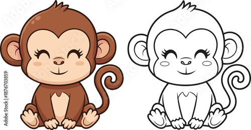 Cute cartoon monkey illustration with colored and black outline versions, kawaii jungle animal character, kids coloring page design, playful wildlife vector art