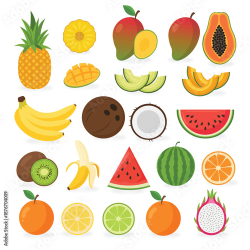 Tropical Fruits Collection Flat Vector Isolated on White Background
