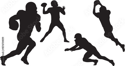 Four black silhouettes of american football players in various actions on white background