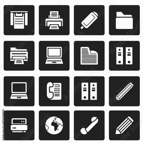 Simple office icon set with clean vector shapes, minimal style, and trace-friendly design for web, app