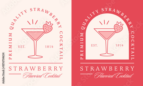 Strawberry cocktail daiquiri logo label luxury drink martini glass drawing sticker tag packaging design. Fancy retro red and pink aesthetic girls night theme elegant outline illustration poster print.