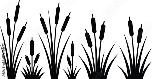 Minimalist Cattail Cluster Silhouette in High-Contrast Black and White Vector Design