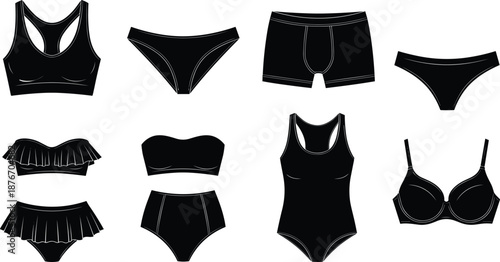 Black Underwear and Swimwear Vector Icons Set Featuring Sports Bra, Bikini, Men's Boxer Briefs, One Piece Swimsuit, Bandeau, and High Waisted Lingerie Silhouettes