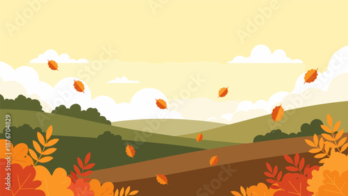 Autumn leaves falling in countryside landscape Autumn.