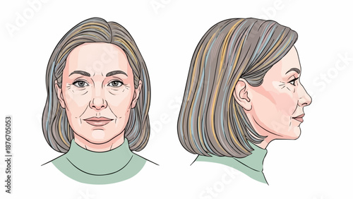 Mature Woman Face Front and Side View Illustration.