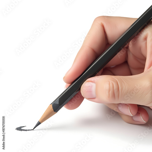 Hand holding pencil and drawing sketch on white paper  