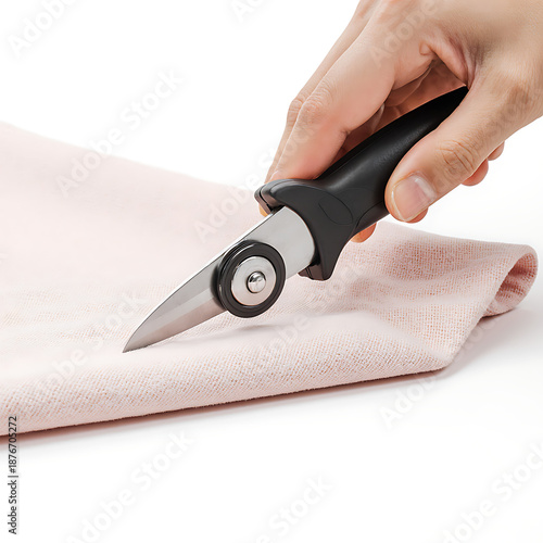 Hand using rotary cutter on soft pink fabric  