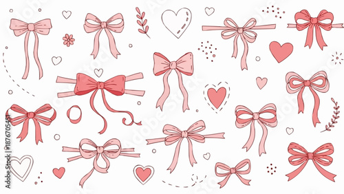 Collection of Pink Bows and Hearts Hand Drawn Illustration.
