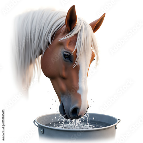 Horse drinking water from metal bucket with splashes around  